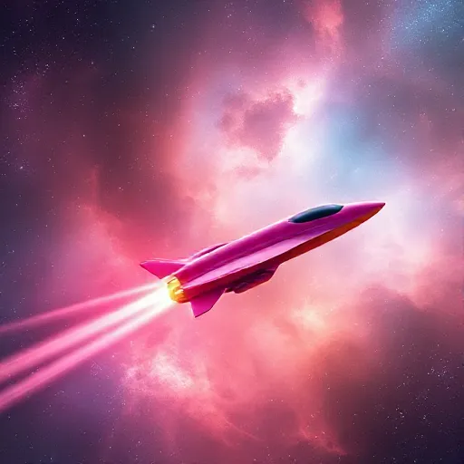 super fast pink and gold jet is flying against a beautiful nebula, trail behind it